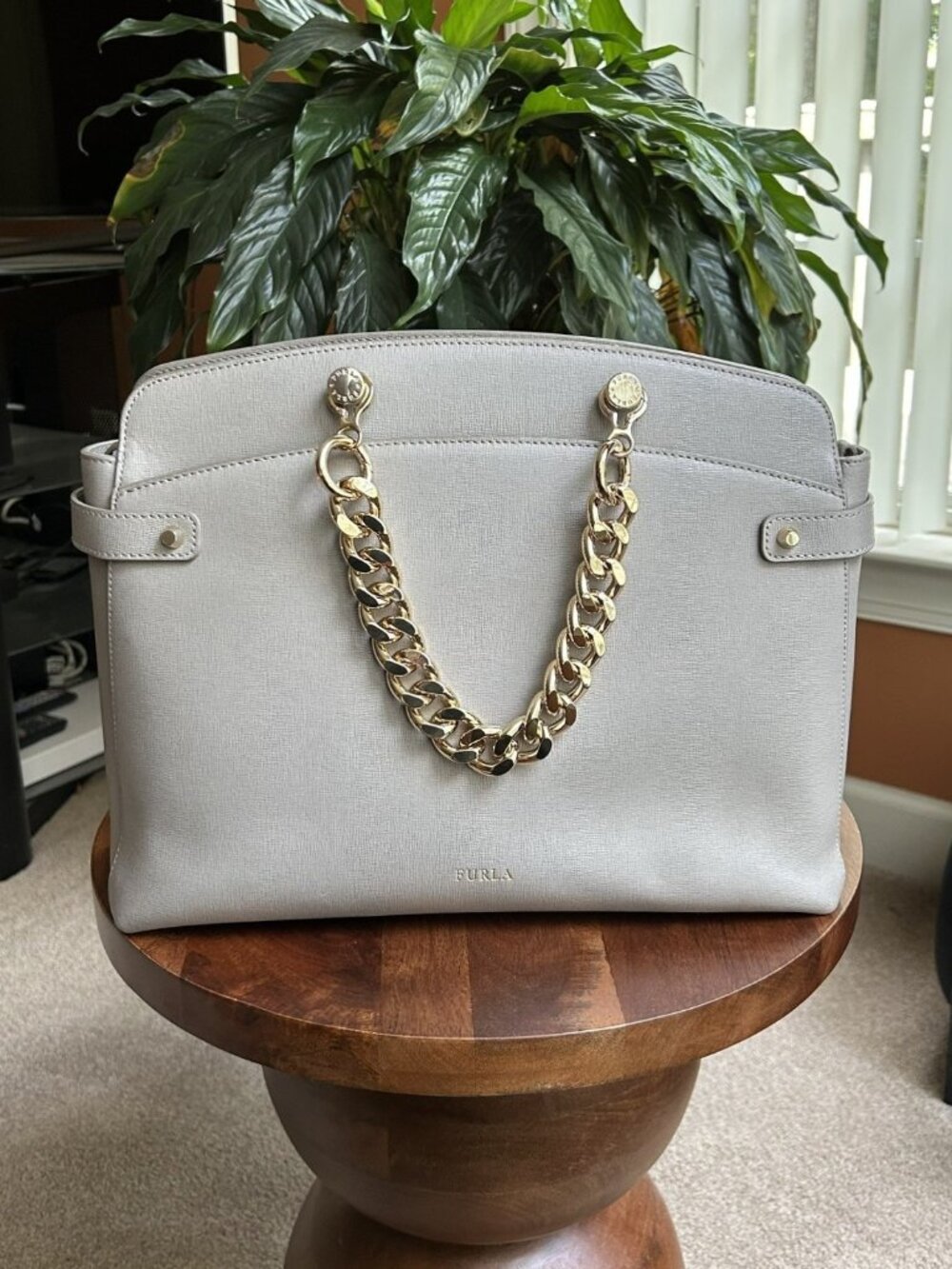 FURLA Saffiano Leather Satchel Bag, Stone Gray